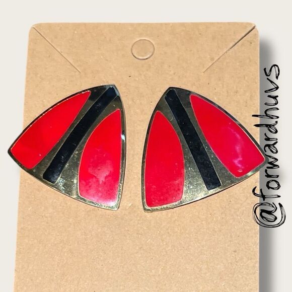 Bundle Sale 3 for $15 | Vintage 1980s Red, Black & Gold Tone Geometric Earrings - Picture 5 of 8